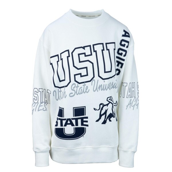 Women's White Utah State Crew Sweatshirt with Logos All Over